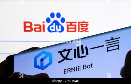 Ernie AI bot logo seen on smartphone screen and Baidu logo on the background. Concept. Stafford, UK, April 3, 2023 Stock Photo