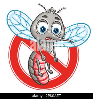 Anti mosquito bite, stop parasite insect sucking blood, garden pest control icon. Red prohibition sign. Cute malaria gnat bloodsucker character vector Stock Vector