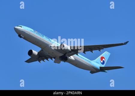 Tokyo, Japan - March 19, 2023: Korean Air Airbus A330-300 (HL7553) passenger plane. Stock Photo