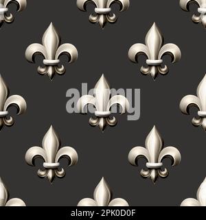 Vector Seamless Pattern with Vintage 3d Realistic Metal Fleur De Lis Closeup on Black Background. Heraldic Lily, Front View. Vector Illustration Stock Vector