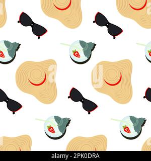 Seamless pattern of wide brimmed hat, sunglasses and mojito cocktail with mint and strawberry in trendy hues. Isolate. Abstract background texture for poster, web or card. Happy World tourism day. EPS Stock Vector