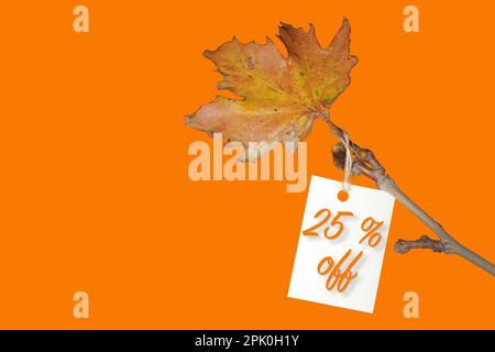 Label with twenty five percent discount on ticket, discount tag with yellowed leaf on twig. Autumn or winter sale concept idea with space for text. Stock Photo