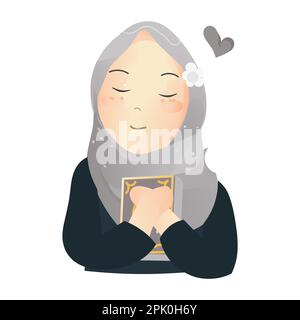 Illustration of a Happy cute young Muslim girl holding holy Quran and wearing hijab on white background. Vector illustration. Stock Vector