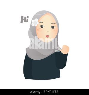 Happy young Muslim woman wearing hijab saying hi vector Illustration isolated on a white background. Stock Vector