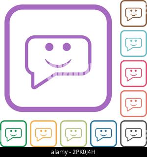 Rounded square smiling chat bubble outline simple icons in color rounded square frames on white background Stock Vector