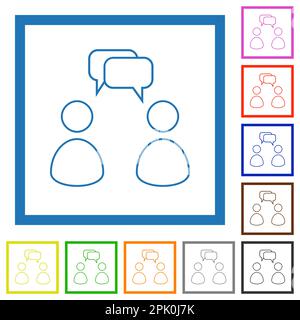 Two talking persons with rounded square bubbles outline flat color icons in square frames on white background Stock Vector