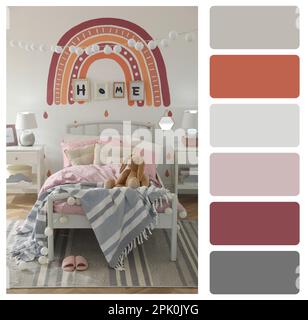 Color palette and photo of stylish child's room interior. Collage Stock Photo