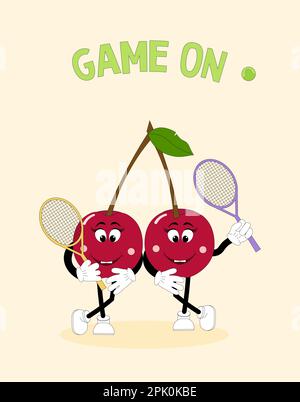 The Cherries are playing tennis. Postcard template with an inscription.  Stock Vector