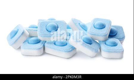 Pile of water softener tablets isolated on white Stock Photo