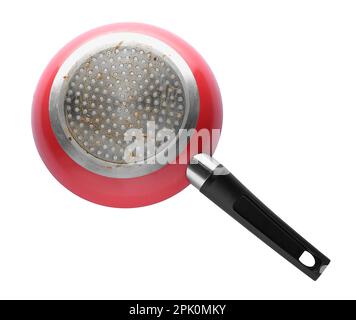 Red frying pan isolated on white, bottom side Stock Photo
