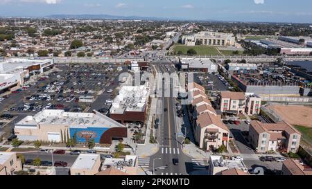 Watts, California, USA - February 25, 2023: Afternoon aerial view of redeveloped shopping center of the Jordan Downs Projects. Stock Photo