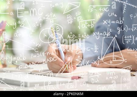 Illustration of basic physics and mathematics formulas and galaxy in ...