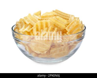 Bowl of tasty ridged potato chips on white background Stock Photo