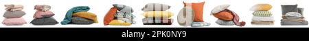 Set with different stylish decorative pillows on white background. Banner design Stock Photo