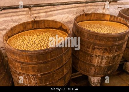 PILSEN, CZECH REPUBLIC, EUROPE - Pilsner Urquell Brewery. Historic brewing vats, old casks. Beer, open fermentation in wooden barrels. Stock Photo