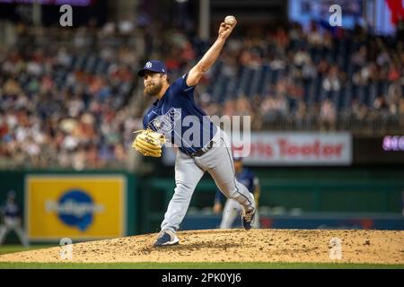 WASHINGTON, DC - APRIL 04: Tampa Bay Rays center fielder Jose Siri (22)  focuses on the pitcher during the Tampa Bay Rays versus Washington  Nationals MLB game at Nationals Park on April