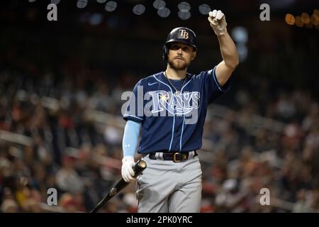 WASHINGTON, DC - APRIL 04: Tampa Bay Rays center fielder Jose Siri (22)  focuses on the pitcher during the Tampa Bay Rays versus Washington  Nationals MLB game at Nationals Park on April