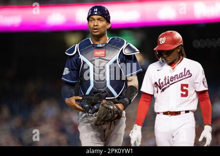 WASHINGTON, DC - APRIL 04: Tampa Bay Rays center fielder Jose Siri (22)  focuses on the pitcher during the Tampa Bay Rays versus Washington  Nationals MLB game at Nationals Park on April