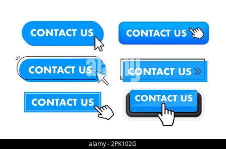 Set of Contact us button. Hand pointer clicking. Contact us web buttons Stock Vector