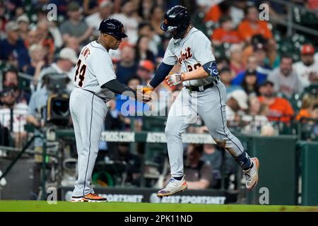 DETROIT, MI - JULY 23: Detroit Tigers first baseman Spencer Torkelson (20)  celebrates as he runs the bases after hitting a solo home run during the  first inning of a regular season