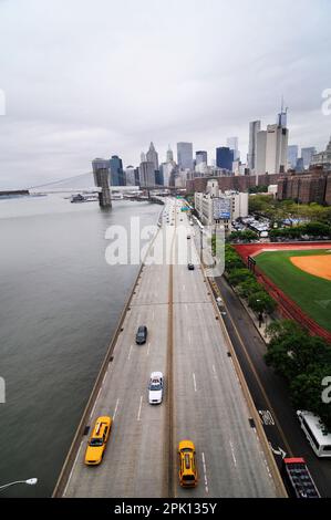 A view of Manhattan and the FDR Drive as seen from the Manhattan Bridge in New York City, USA. Stock Photo