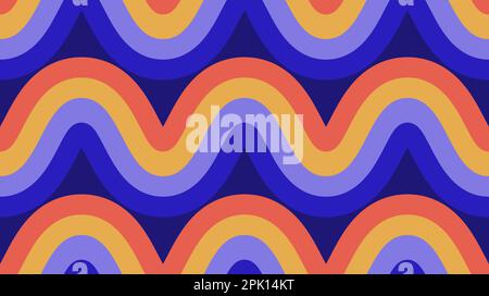 Retro waves seamless pattern. Rainbow wavy stripes repeating background. Colorful curved and wrapped lines wallpaper in 60s, 70s, 80s style. Swatch design for textile and fabric. Vector illustration. Stock Vector