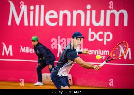 Estoril, Portugal. 04th Apr, 2023. Nuno Borges from Portugal plays against Quentin Halys from France during the Men's singles match on day four of the Millennium Estoril Open 2023 - ATP 250 tennis tournament. Quentin Halys won 6-3, 6-4. Credit: SOPA Images Limited/Alamy Live News Stock Photo