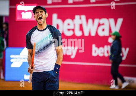 Estoril, Portugal. 04th Apr, 2023. Nuno Borges from Portugal plays against Quentin Halys from France during the Men's singles match on day four of the Millennium Estoril Open 2023 - ATP 250 tennis tournament. Quentin Halys won 6-3, 6-4. Credit: SOPA Images Limited/Alamy Live News Stock Photo