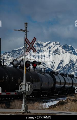 Banff rocky mountain train winter Stock Photo