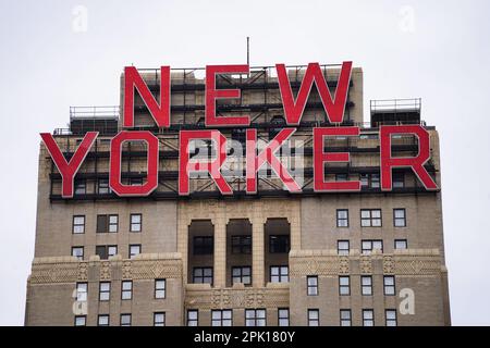 New York, NY - March 31, 2023: Close up of iconic New Yorker Hotel sign in Manhattan, part of Wyndham Hotels & Resorts Stock Photo