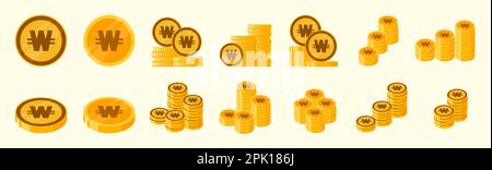 Korean Won Coin Icon Set Stock Vector