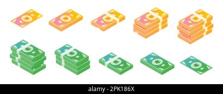 Korean Won Banknote Isometric Icon Set Stock Vector