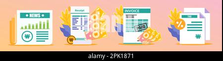 Korean Won Receipt and Documents Illustration Stock Vector