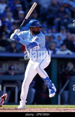 KANSAS CITY, MO - APRIL 18: Kansas City Royals center fielder Kyle Isbel  (28) during an MLB game between the Texas Rangers and Kansas City Royals on  April 18, 2023 at Kauffman