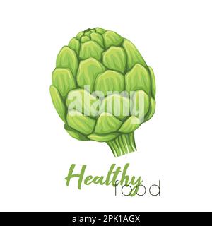 Vector illustration of hand drawn artichokes with lettering. Colorful sketch of head of cabbage healthy vegetables with hatching. Natural food clipart Stock Vector