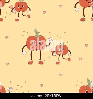 Retro seamless pattern. Happy cartoon characters apple. Groovy fruit family on yellow background with hearts. Vector Illustration for wallpaper, desig Stock Vector
