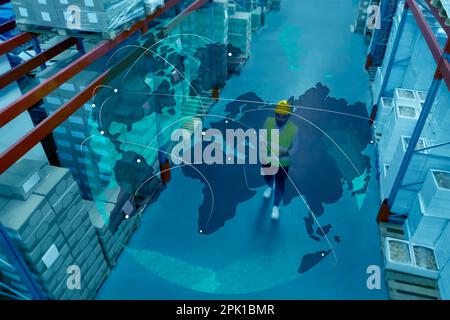 Worldwide logistics. Man with tablet working at warehouse and illustration of map, above view Stock Photo