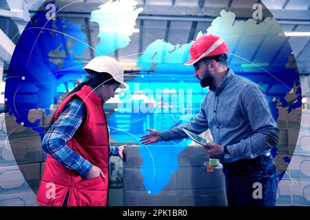 Worldwide logistics. Manager and supervisor at warehouse and illustration of Earth Stock Photo