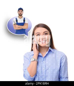 Young woman calling professional repairman on white background Stock Photo