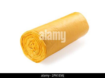 Rolls Of Yellow Trash Bags On White Background Stock Photo