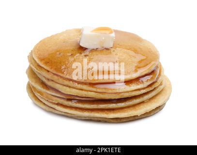 Tasty pancakes with butter and honey on white background Stock Photo