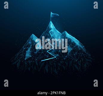 Mountains with flag on the top. Mountain path. Success business startup, innovation, growth, travel, freedom concept. Polygonal wireframe vector Stock Vector