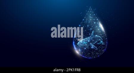 Killer whale in water drop. World water day, Protection environmental, Ecology concept. Wireframe low poly style, isolated on dark blue background Stock Vector