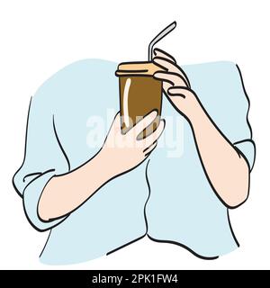 closeup hand holding takeaway iced coffee illustration vector hand drawn isolated on white background line art. Stock Vector