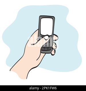 closeup hand holding retro mobile phone illustration vector hand drawn isolated on white background line art. Stock Vector