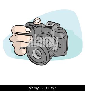 closeup hand holding professional dslr camera illustration vector hand drawn isolated on white background line art. Stock Vector