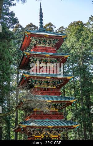 Nikko, Japan - March 11, 2023: Pagoda at the Nikko Toshogu, the shinto shrine a UNESCO World Heritage Site located in Nikko, Japan. Stock Photo