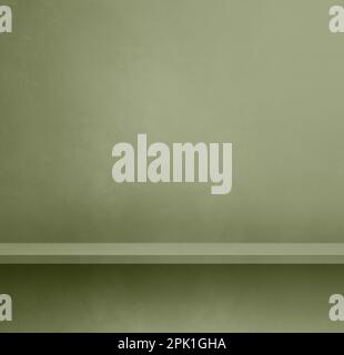Empty shelf on a khaki green concrete wall. Background template scene. Square mockup Stock Photo