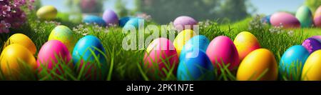 Fresh spring background with easter eggs banner green juicy meadow. Colored Easter eggs hidden flowers grass.Easter concept. Spring summer background with fresh grass against blue sky with. Stock Photo