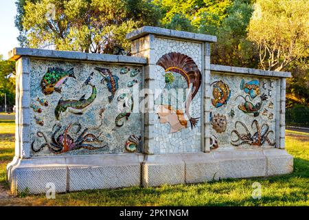 Nice, France - July 30, 2022: Ancient Roman and Greek mosaic marinist decorations at Colline du Chateau Castle Hill at French Riviera Stock Photo